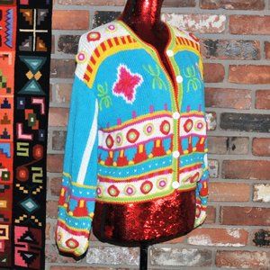 Vintage 80s Cute Bright Multi-color Button-up CARDIGAN Knit Applique SWEATER S